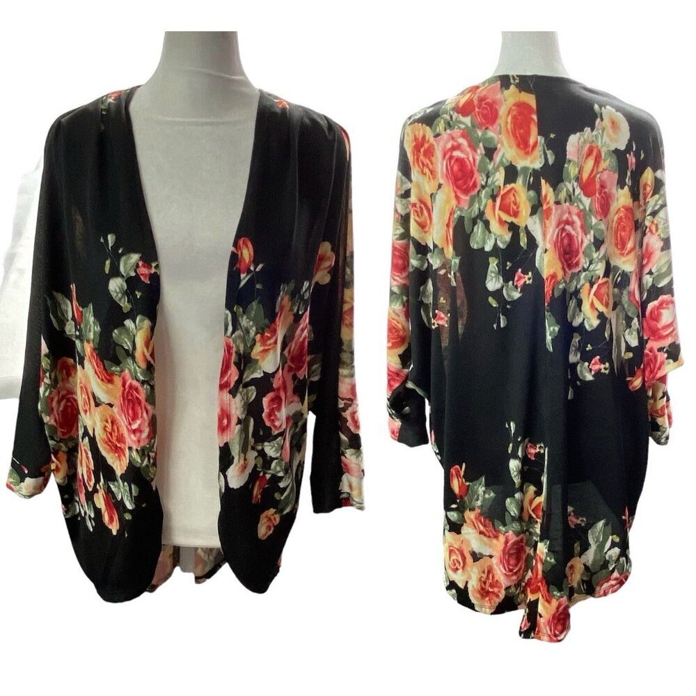 Anthropologie MAUVE Open Front Sweater Sz M Black Floral 1a-31